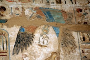 Vulture hovering over Ramses' head at Medinet Habu, Egypt